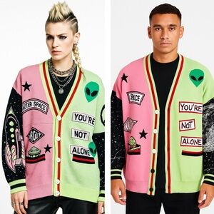 SPIRIT JERSEY Unisex Out Of This World Alien Galaxy Print Sweater Cardigan M